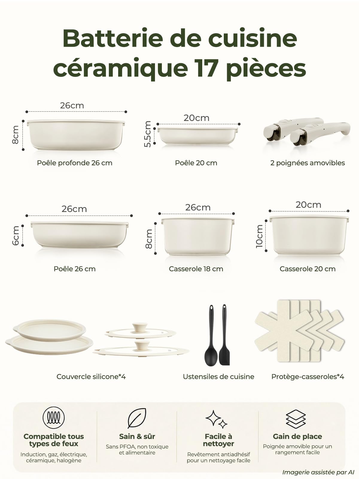 Batterie De Cuisine 17 Pièces, Poele Ceramique, Poignées Amovibles, Revêtement Céramique Antiadhésif, Induction, Lave-Vaisselle, Camping