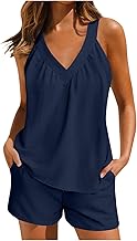Linen Co Ord Sets for Women, Summer Lounge Wear Sets, Women V Neck Tank Top and Wide Leg Shorts Two Piece Outfit, Comfy Travel Outfit Airport Set for Beach Holiday and Casual Everyday Wear