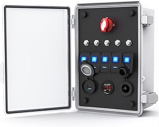 12V Rocker Switch Waterproof Box 5 Gang LED Toggle Switch Panel Multiple Electrical Power Outlet Ports with Breaker LED Voltmeter Battery Disconnect Switch for Automotive Marine RV Truck Boat