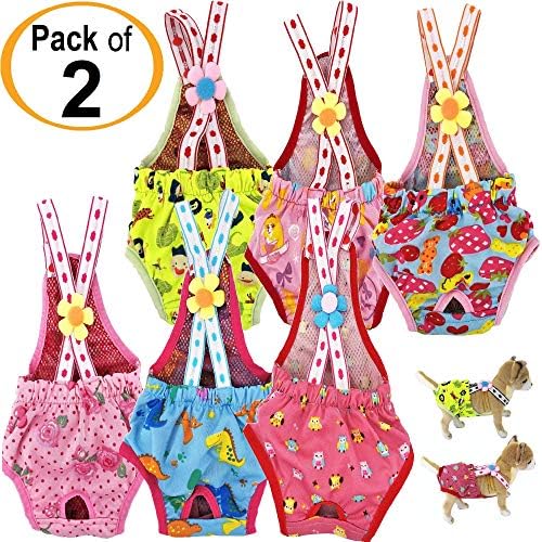 FunnyDogClothes Pack of 2 Colors Dog Diapers Sanitary Pants Washable Reusable with Suspenders Stay On Female for Small Pet (XL - Waist 15" - 20" Length up to 16", Pack of 2 Random Colors)
