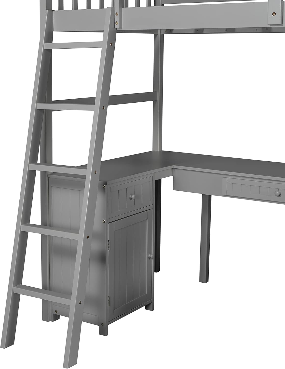 Merax Twin Size Wooden Loft Bed with Desk/2 Drawers/Cabinet/4 Shelves, Multi-Functional Loft Bed with Ladder and Guardrails, No Box Spring Required Wood Bed Frame, Grey