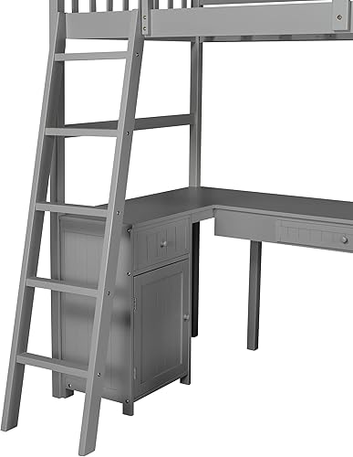 Miniatura 8 de Merax Cama tipo loft de madera de tamaño individual con escritorio/2 cajones/gabinete/4 estantes, cama loft multifuncional con escalera y