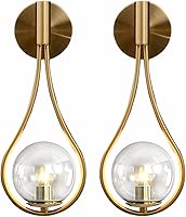 Vista 1 de BOKT Juego de 2 apliques de pared de vidrio con globo dorado, luces de tocador modernas de mediados de siglo, lámpara de tocador de baño de vidrio