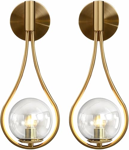 BOKT Juego de 2 apliques de pared de vidrio con globo dorado, luces de tocador modernas de mediados de siglo, lámpara de tocador de baño de vidrio