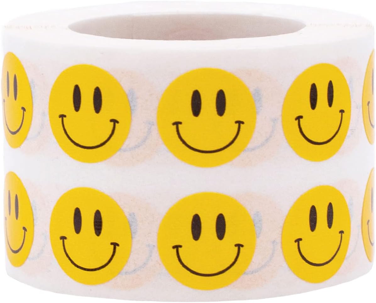 1/2" Inch Small Yellow Semi-Gloss Happy Face Labels, 1,000 Total Adhesive Stickers on a Roll, Perfect for Kids Classroom Incentives, Motivational Chart Use