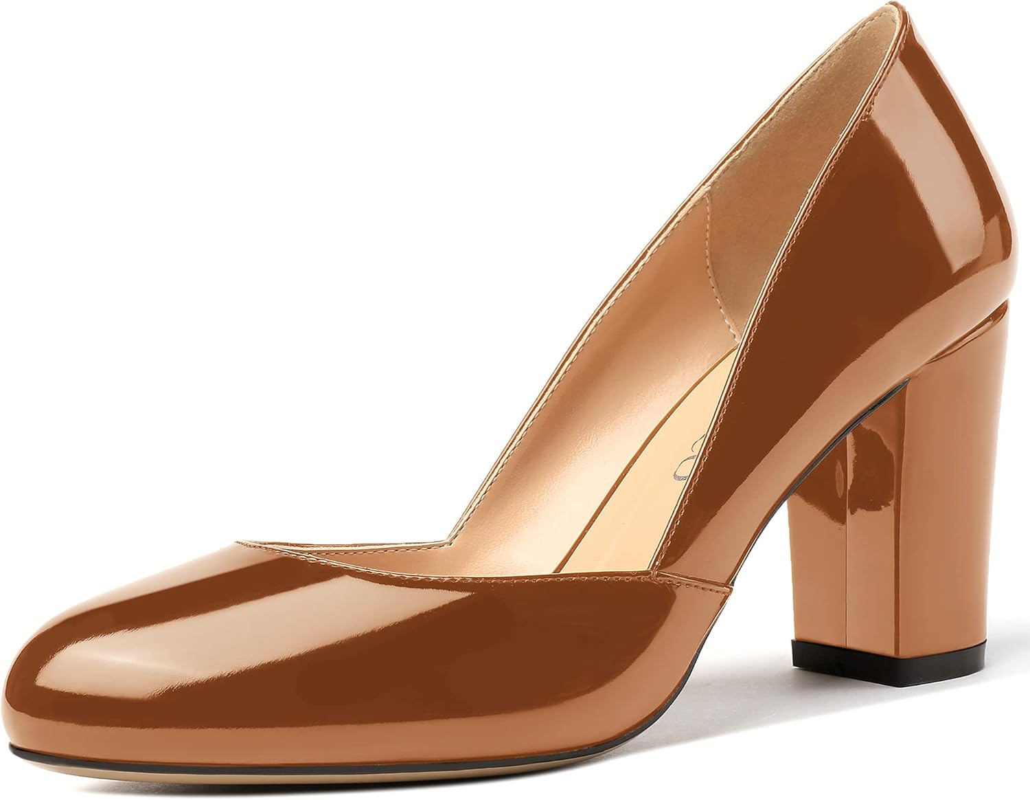 MODENCOCO Women's Slip On Patent Round Toe Block High Heel Pumps Wedding Dress Shoes 3.5 Inch