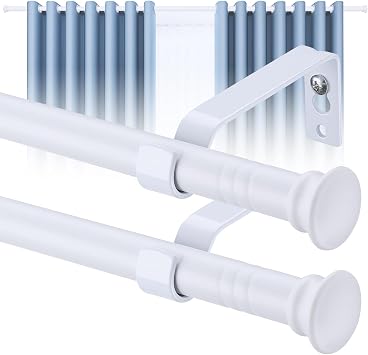 2pcs Curtain Poles Matt White, 76-188cm, 16mm Voile Curtain Pole for Windows with Brackets and Cap Finials, Blackout Curtain Rod Metal Extendable for Eyelet Curtains