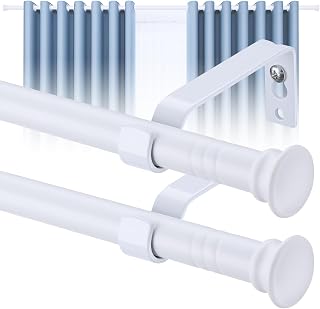 HARRMS Barra de cortina de 16 mm, 2 unidades, color blanco mate, 76 – 152 cm, extensible, montaje en pared con topes y soportes para cortinas opacas, cortinas de exterior