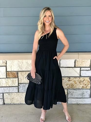 Logene Women's One Shoulder Sleeveless Casual Summer Dresses Smocked High Waist Boho Pleated Swing Midi Long Dress 493-Heise-L Black #TOP1