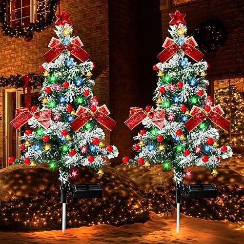 Solar Christmas Trees Lights Outdoor Decoration Waterproof, 40LED Small Solar Power Xmas Tree Pathway Lights, Solar Garden Decorative Stake Lights Yard Decor with Snow 2 Modes for Path Lawn Patio,2PCS