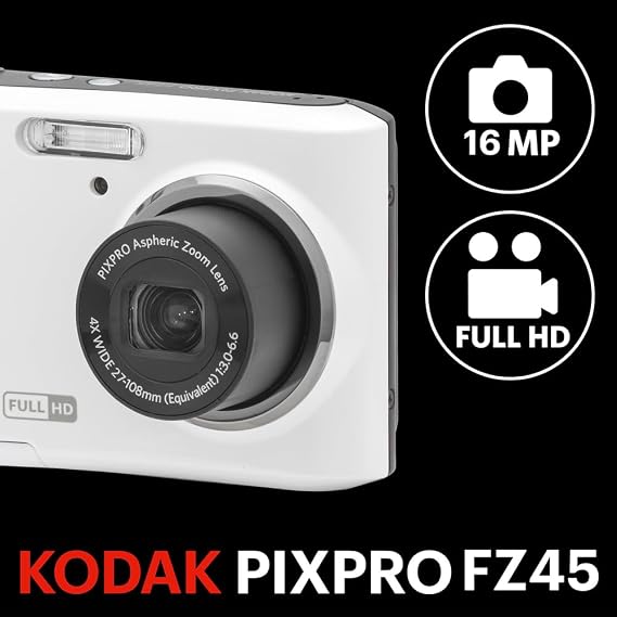 KODAK PIXPRO FZ45 16MP Compact Digital Camera, 4X Optical Zoom, AA, White