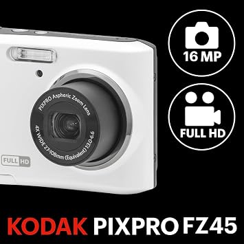 KODAK PIXPRO FZ45 16MP Compact Digital Camera, 4X Optical Zoom, AA, White