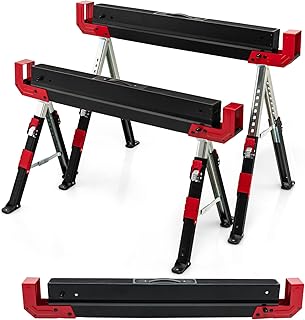 Goplus Saw Horses 2 Pack, 2600 LBS Height Adjustable Sawhorses w/ 2X4 Brackets & Side Supports, Portable Folding Work Horse w/ Press-To-Release Legs, Heavy-Duty Saw Horses for DIY & Woodworking Project