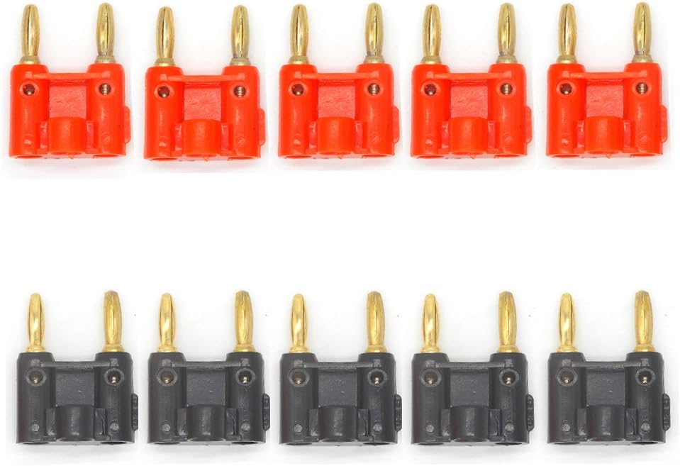 10 Pack Gold Plated Dual Banana Plug Speaker Connectors Screw Type Dual Tip Banana Plug Clips for Speaker Wires Black+Red