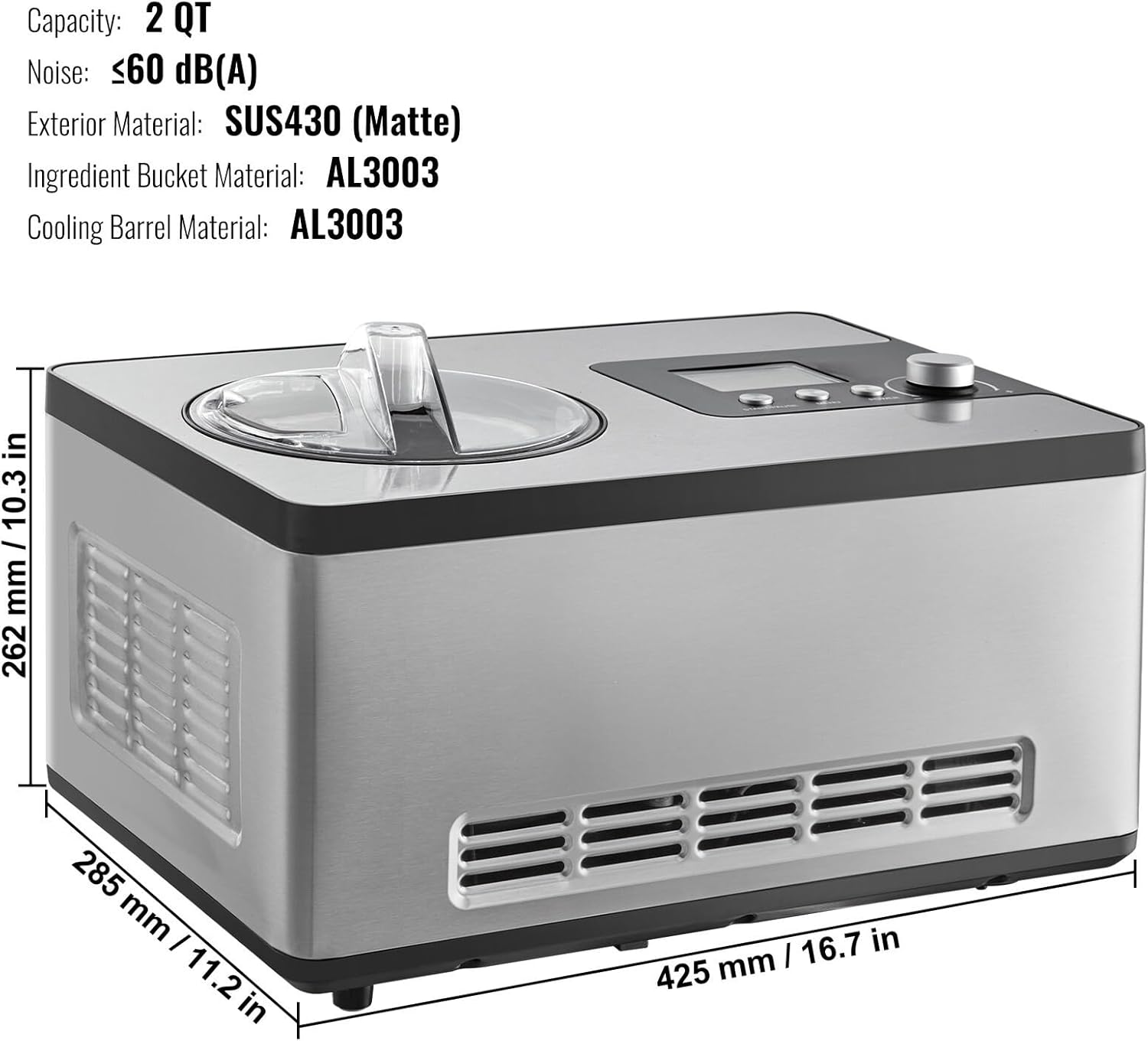 Automatic Ice Cream Maker with Built-in Compressor, 2 Quart Capacity, No Pre-freezing required - Stainless Steel Electric Sorbet Machine, 3 Modes Gelato Maker with LCD Display & Timer - Silver Finish