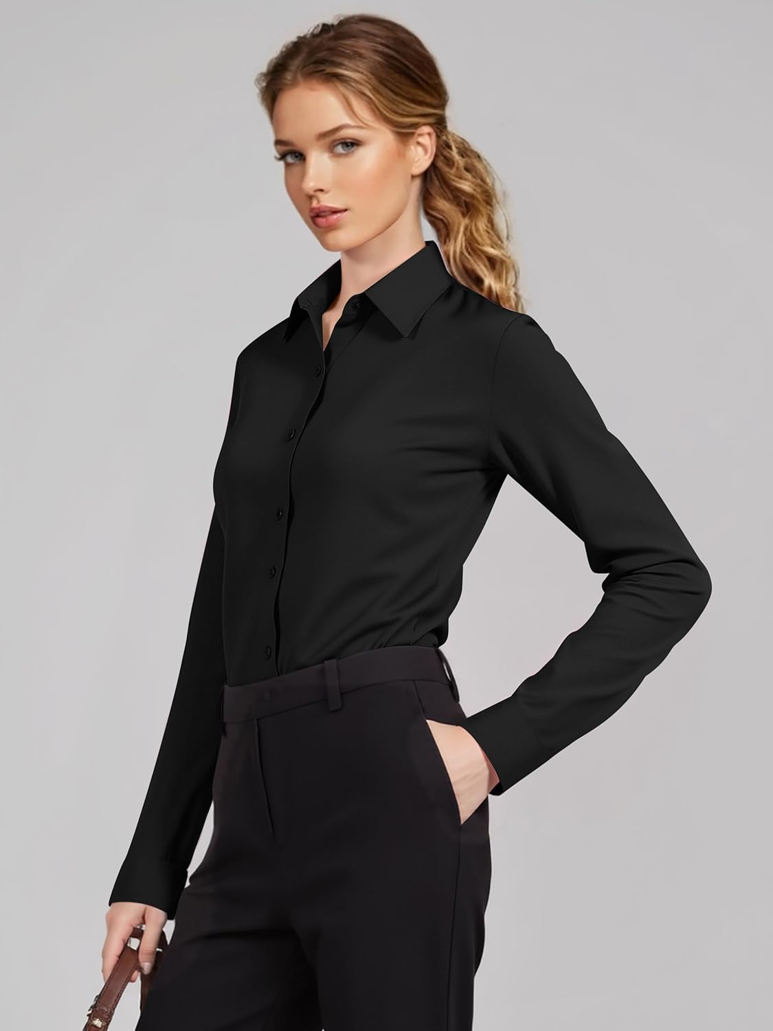 Super Soft Non-Iron Wrinkle Free Button Down Shirts for Women Solid Formal Work Dress Blouse Tops - Image 2