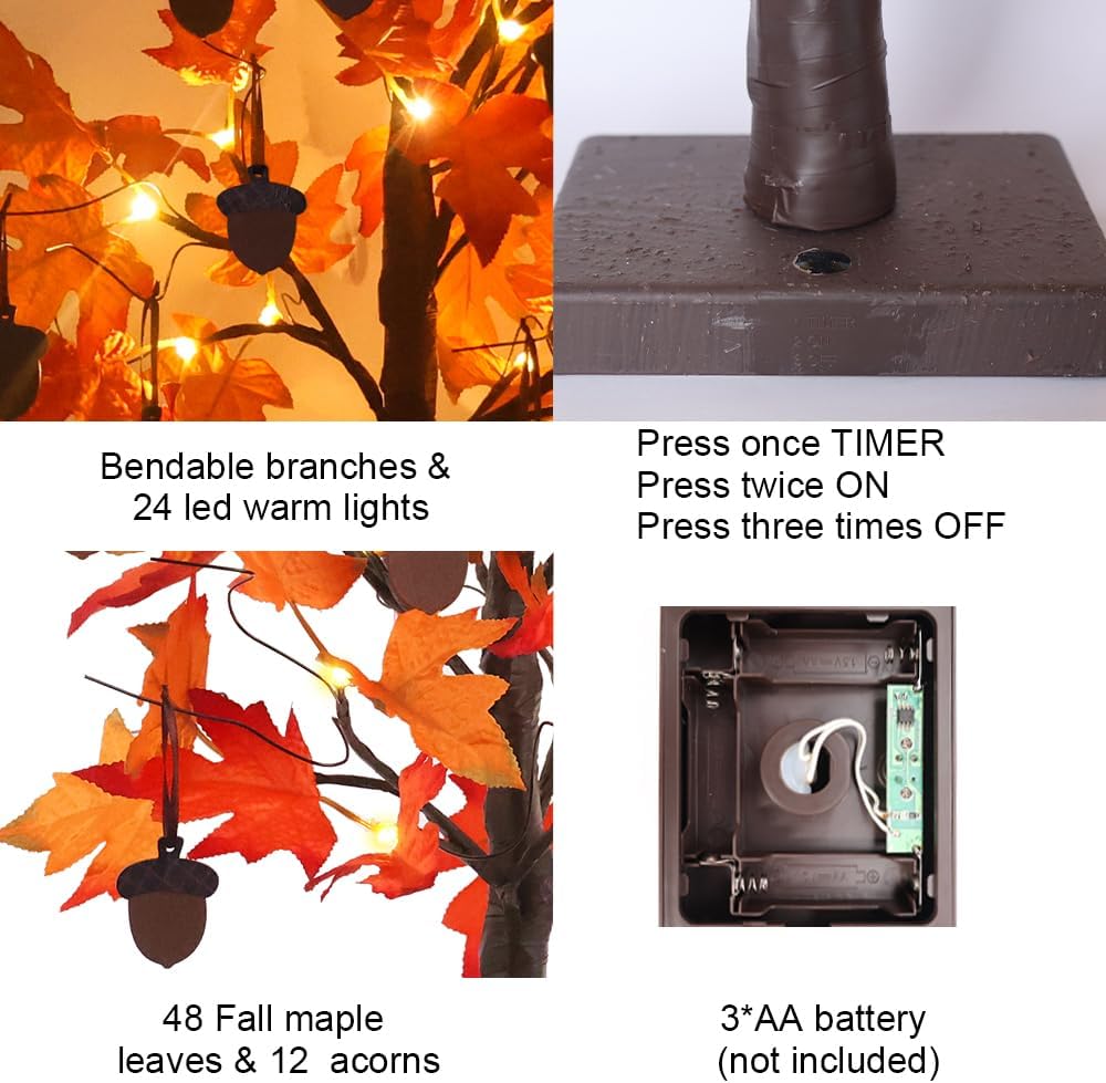 Fall Decorations for Home, Thanksgiving Decorations, 24”/2FT Lighted Fall Maple Leaves Tree with 24 LEDs for Autumn Decor, 12 Wood Acorns Ornaments Battery Powered Timer for Table Indoor