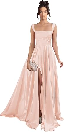 Womens Satin Prom Dresses with Slit Long Square Neck Formal Dresses Ball Gowns with Pockets