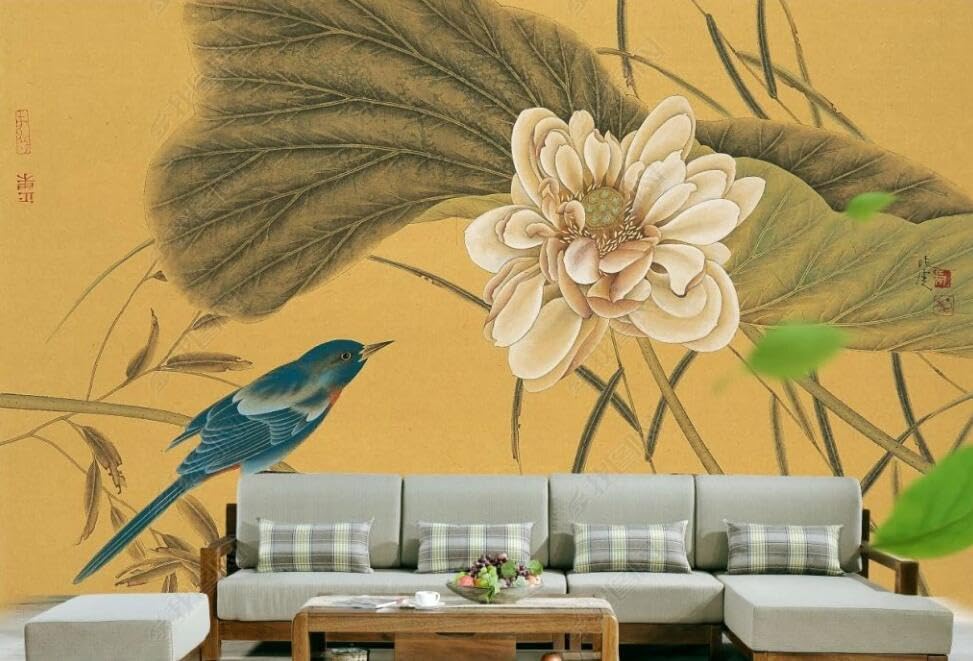 Papier Peint Panoramique Oiseau De Lotus Vintage 350x250cm Décoration Murale Salon