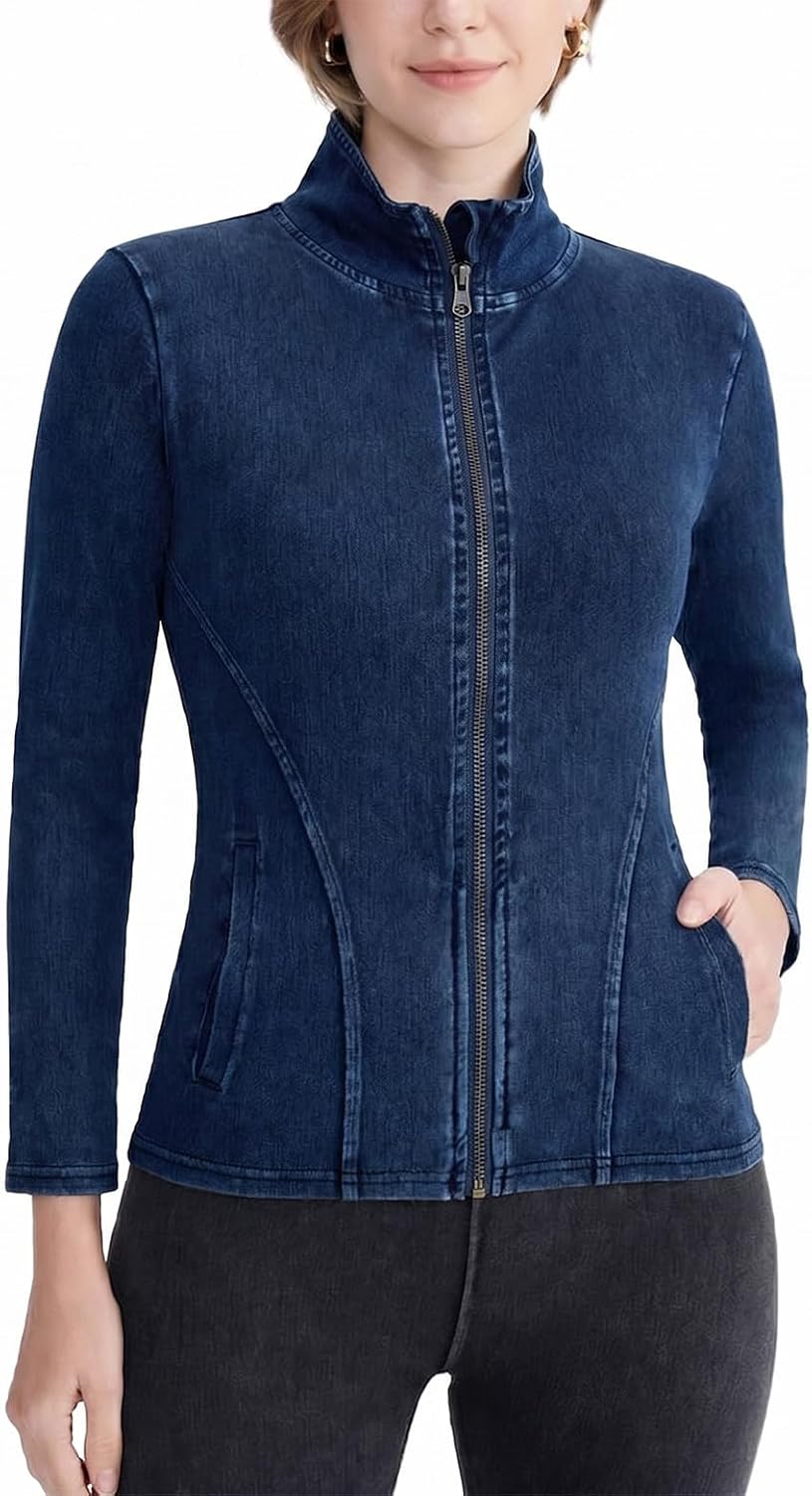 Women's Denim Jackets Slim Stretch Fit Zip Up Coats High Neck Long Sleeve Athletic Yoga Jean Tops with Pockets