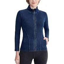 Women's Denim Jackets Zip Up Long Sleeve Coats with Pockets | Flex Denim,High Neck,Slim Fit,Workout Casual,Athletic Yoga Jean Tops