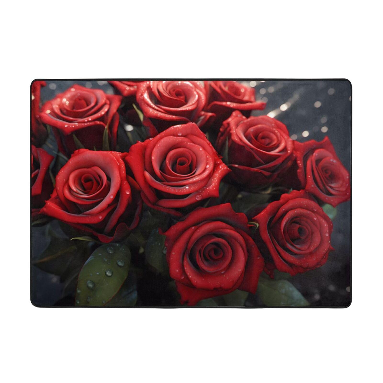 Tapis haut de gamme motif rose rouge antidérapant grand format 203x147 cm