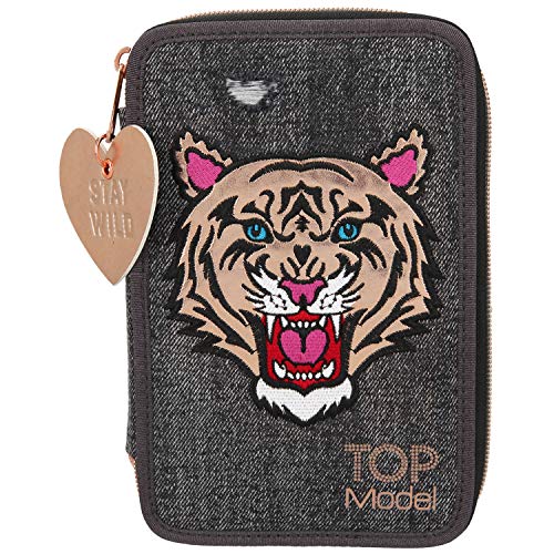 Depesche 10917 Federtasche mit 3 Reißverschlüssen und Stiften von Lyra, TOPModel, Tiger Motiv, ca. 7,5 x 13 x 20 cm
