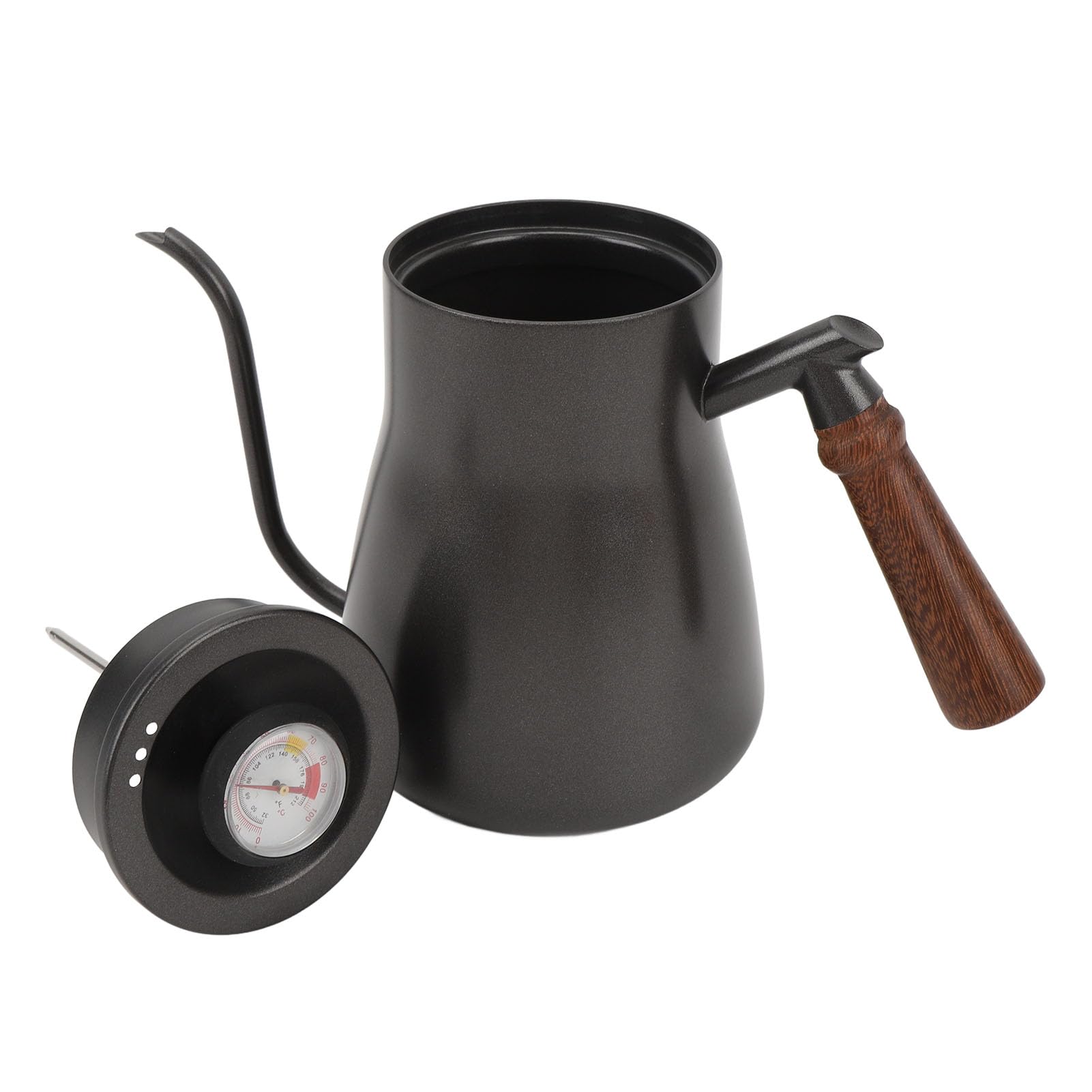 Hervidor de café, Tetera con Cuello de Cisne de Acero Inoxidable de 850 Ml, Hervidor de Agua con de Madera con Termómetro y Pico Largo, Ideal para Preparar Cerveza en el Hogar, Viajes y