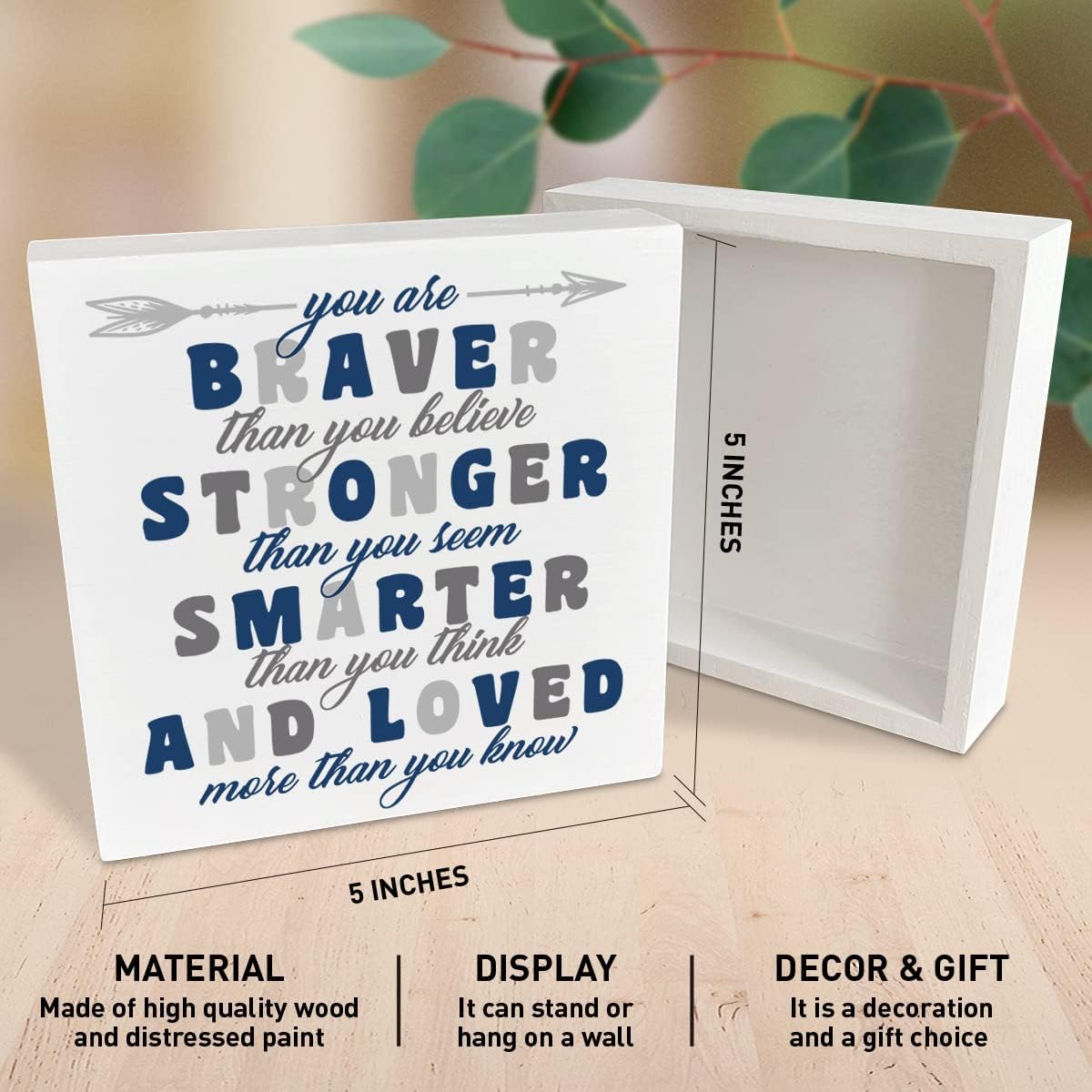 Nursery Boys Room Wooden Box Sign - You Are Braver Than You Believe, Inspirational Baby Bedroom Desk Decor, Motivational Kids Room Playroom Decor, Nursery