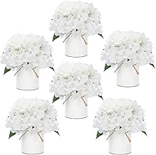 Flower Table Centerpieces - Set of 6 Floral Arrangement Artificial Wedding Hydrangeas Floral Arrangement with Rustic Metal Vase for Bridal Tea Party Event Decorations - White