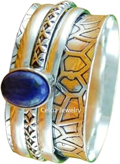 Natural Lapis Lazuli Gemstone Spinning Ring, Pure 925 Sterling Silver Spin Meditation Ring, Spinner Fidget Ring, Anxiety Ring, Unisex Handmade Ring