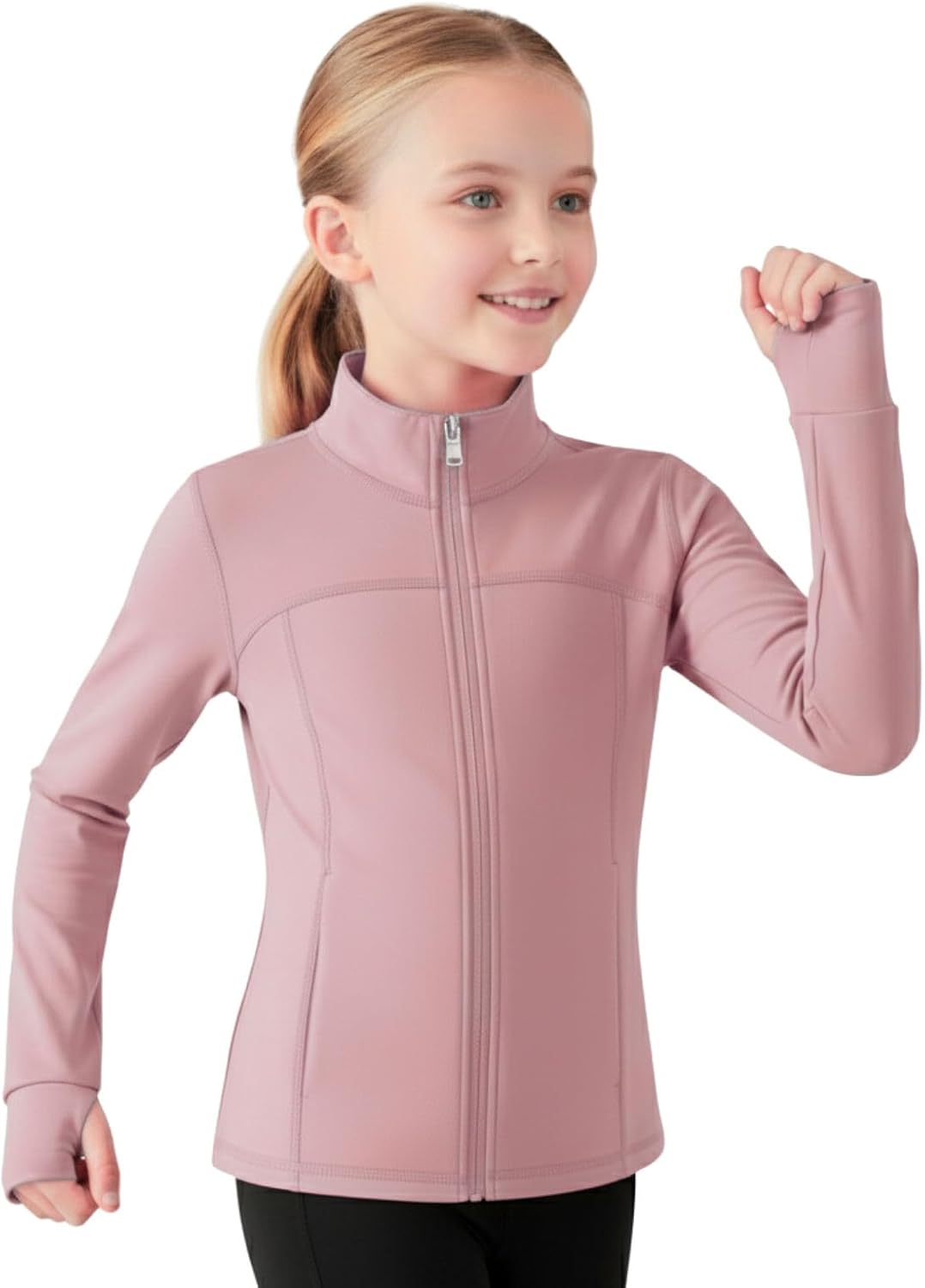 Girls Athletic Zip-Up Jacket – Long Sleeve Lightweight Outerwear with Pockets for Active Kids