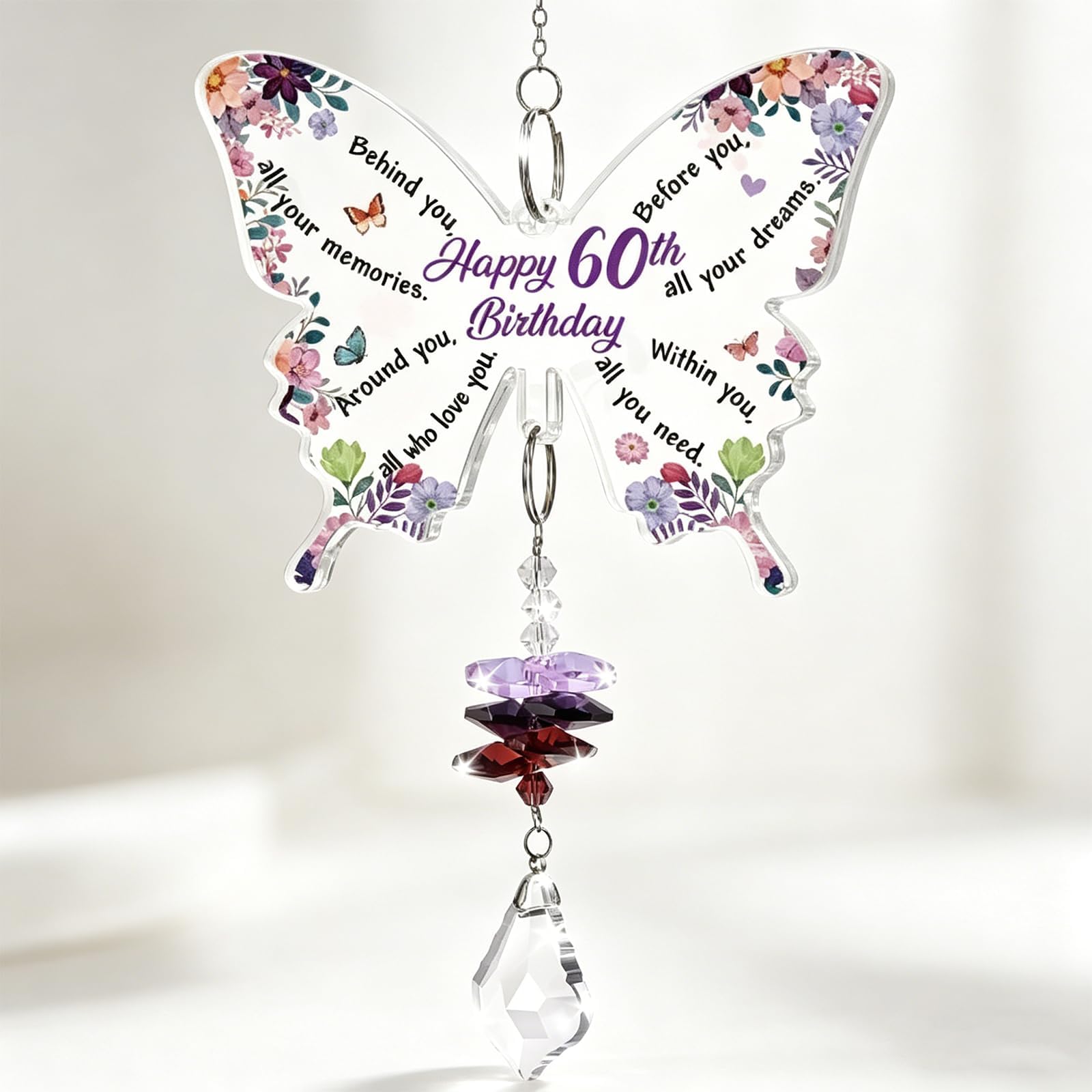 Pleyihe Crystal Butterfly Suncatcher, Gifts for 60-year-old mother on Mother's Day and birthday, Natural Light Rainbow Reflections, for Window Garden Patio Decoration, Gift Box Ready