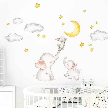 Little Deco Sticker Mural Dl463 Pour Chambre De Bebe Elephant Et Lapin Avec Lune Et Etoiles 163 X 95 Cm L X H Decoration Pour Chambre D Enfant Pour Fille Amazon Fr Bebe Et Puericulture