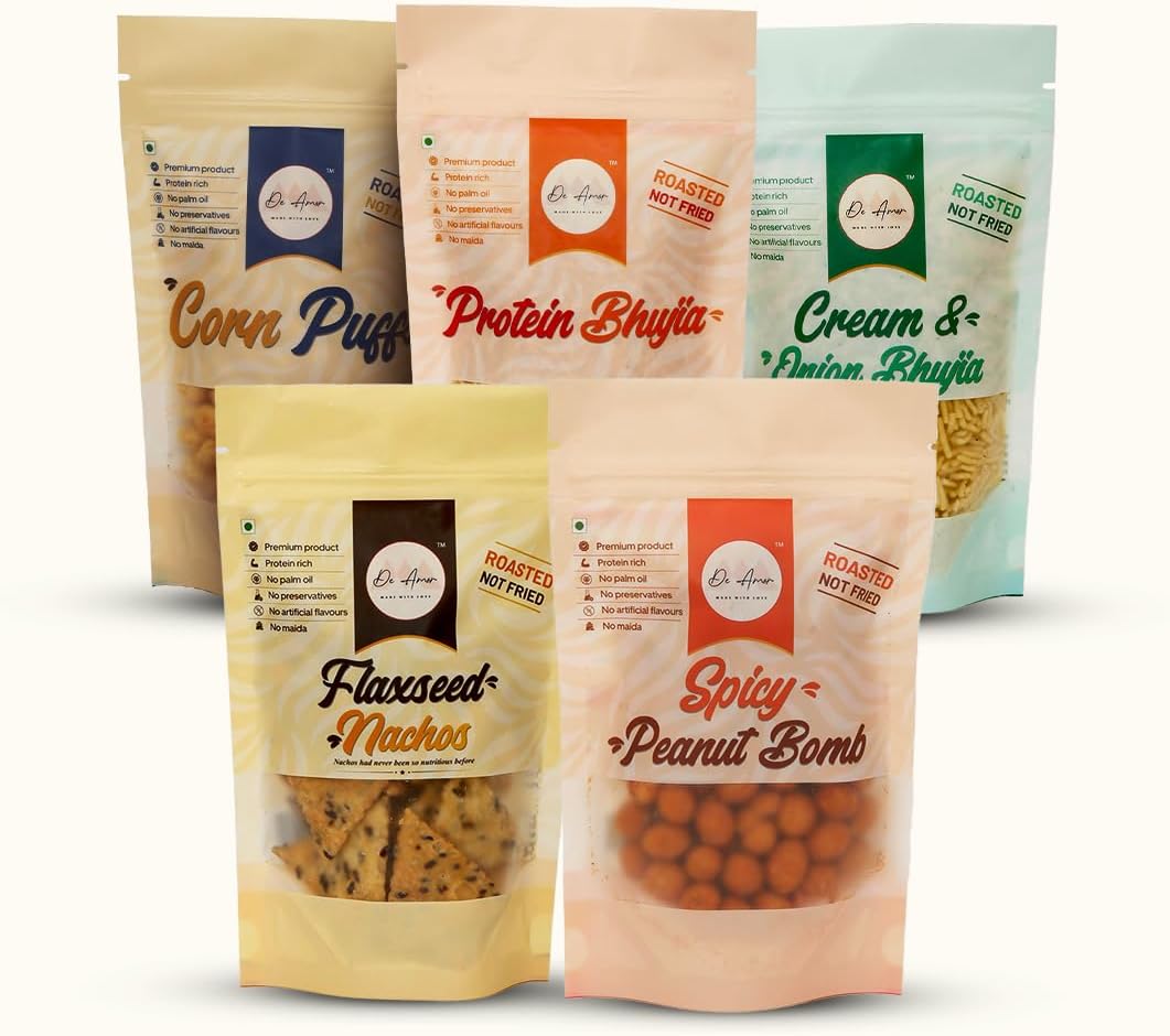 - De Amor Roasted Healthy Snack Combo Pack of 5 – Protein Bhujia, Cream & Onion Bhujia, Corn Puffs, Flaxseed Nachos & Spicy Peanut Bomb | No Maida | No Palm Oil | High-Protein Snacks, 90g Each