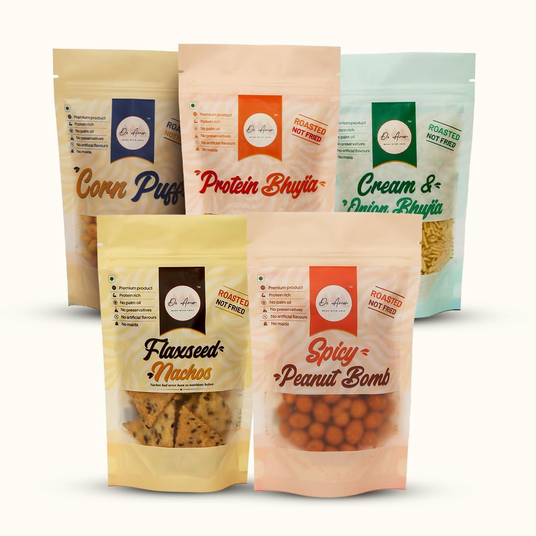 Sponsored Ad - Roasted Healthy Snack Combo Pack of 5 – Protein Bhujia, Cream & Onion Bhujia, Corn Puffs, Flaxseed Nachos & Spicy Peanut Bomb | No Maida | No Palm Oil | High-Protein Snacks, 90g Each