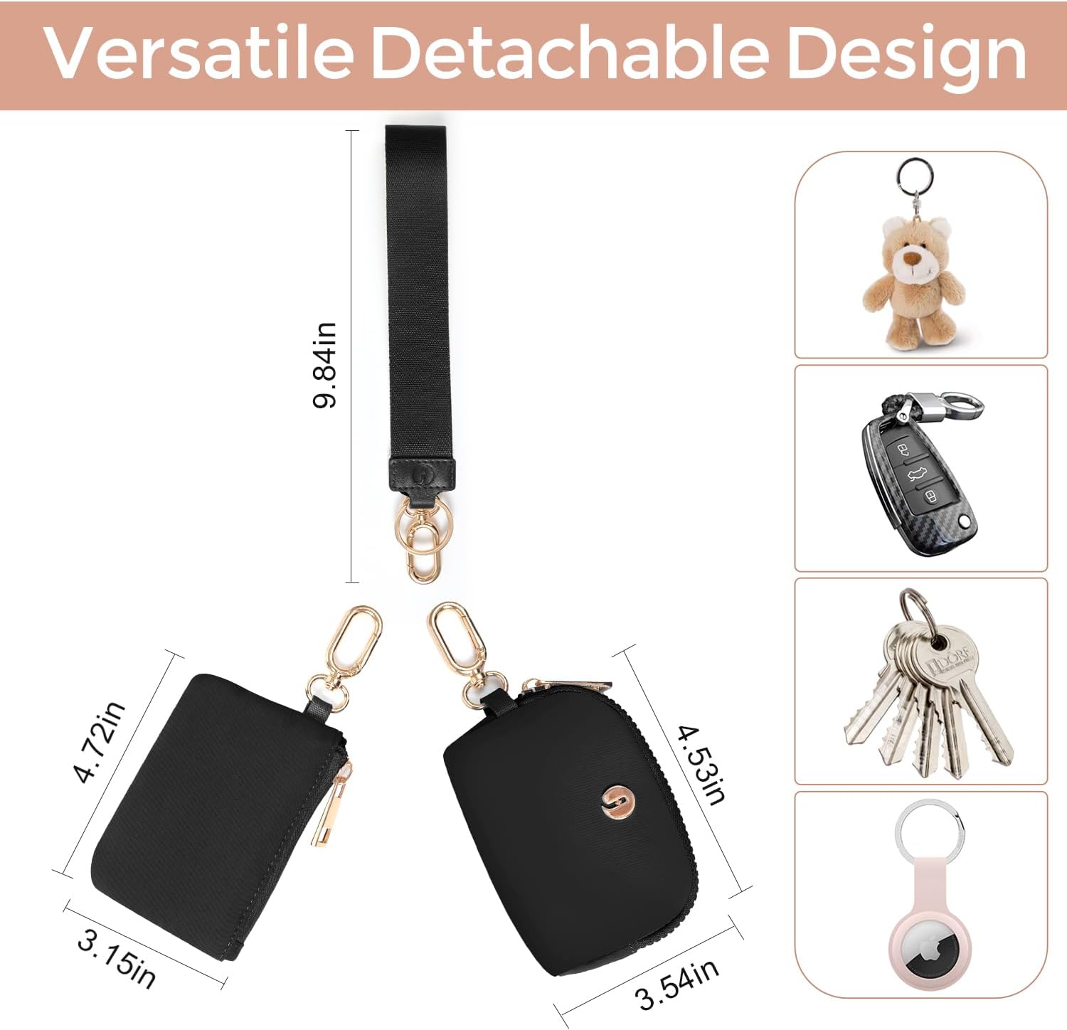 Dual Pouch Wristlet Keychain Wallets for Women with 2 Detachable Zipper Coin Purse - Small and Portable Mini Card Wallet for Women Men Gold Hardware Black+Black - Image 2