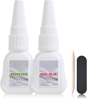 Nail Glue and Remover Kit with Stick for Press Ons, Fake Nail Tips and Acrylic Nails, Super Strong No U/V Light Needed Quick Dry Dropper Type Nail Glue and Remover (15ml,2 Pcs)