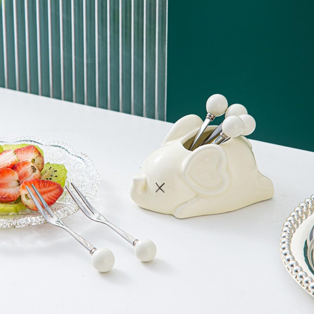 (6 Pieces) 3.93 Inch Ceramic Elephant Storage Jar Fruit Fork Household Stainless Steel Dessert Fruit Fork Cute and Exquisite