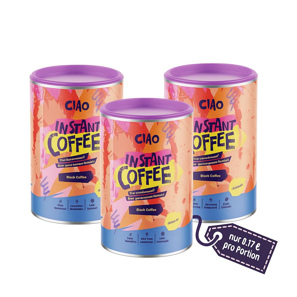 Ciao Instant Coffee I Kaffee aus 100% europäischem Getreide I 90 mg Koffein, Vegan I Ohne Kaffeebohnen, säurefrei & magenfreundlich mit Vitaminen B-Komplex & Eisen (3, 150g)