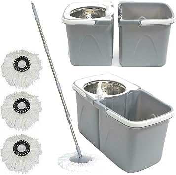 Gr8 Home 360  Dual Spin Mop and Bucket Set with Wringer | Space Saving Mop Bucket with Telescopic Handle & Detergent Dispenser | Spin Mop and Bucket Set with 3 Microfibre Heads