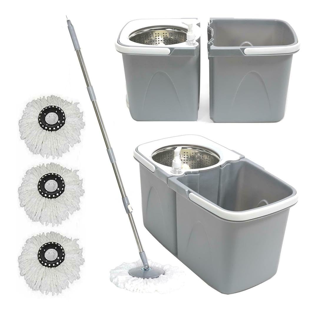 Gr8 Home Rotating Dual Spin Dry Mop & Bucket - Grey - 3 Microfibre Heads