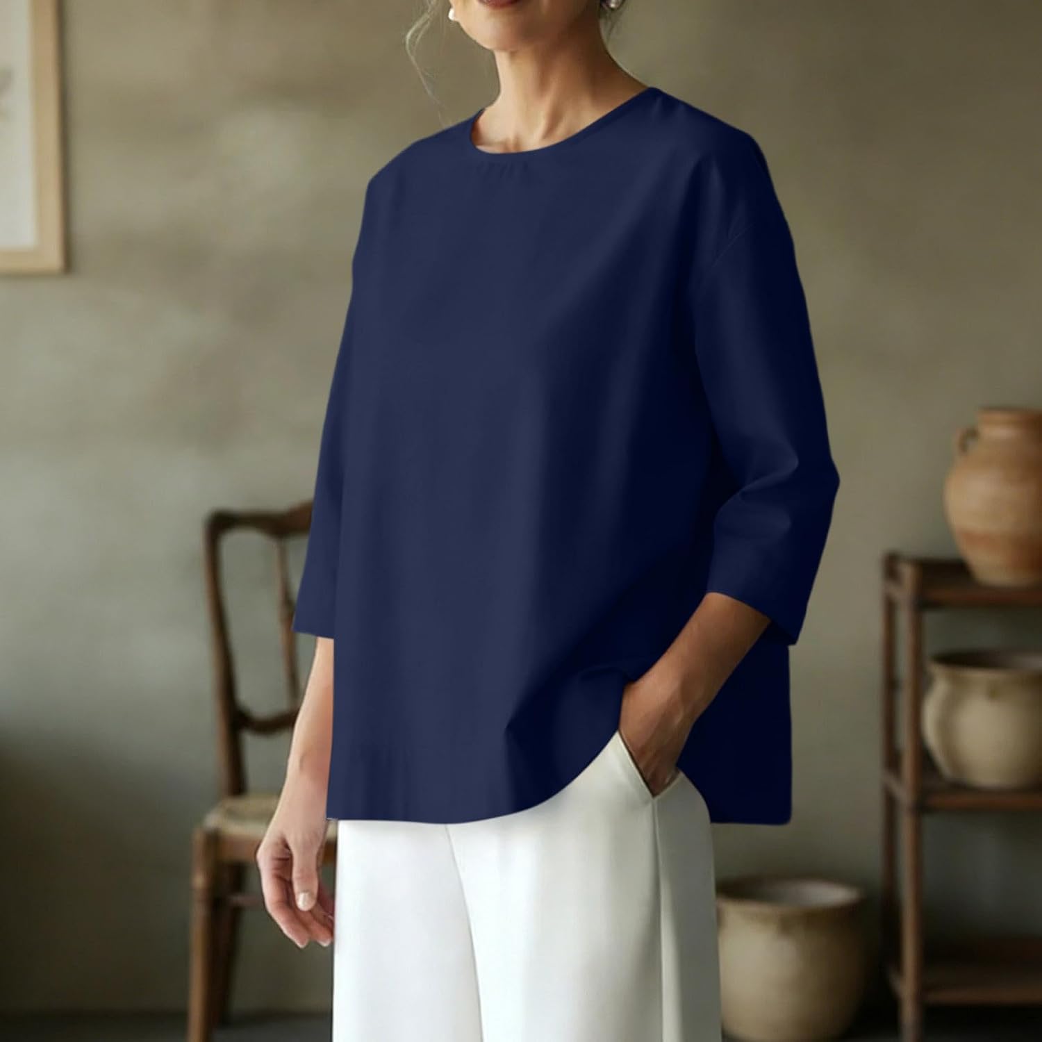 Women's Casual Blouse 3/4 Length Sleeve Loose Fit Round Neck Top Keyhole Breathable Summer Spring Solid Color Shirt