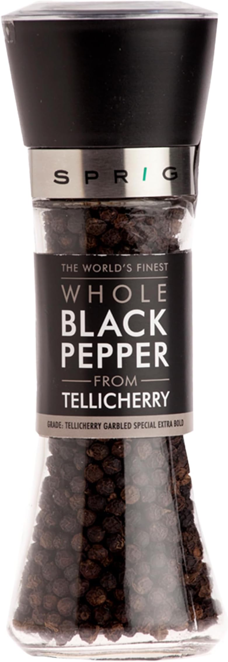 SPRIG The World's Finest Black Pepper | Grinder, 100gm | Superior Flavour & 60% Bigger | Chef's Choice | GRADE: TELLICHERRY GARBLED SPECIAL EXTRA BOLD | Adjustable Coarseness