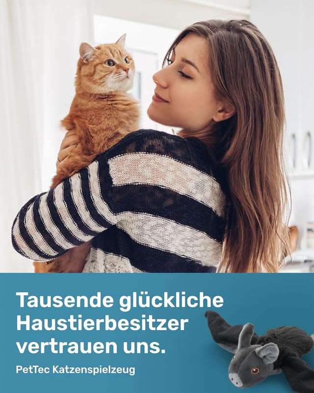 PetTec - Plush Toy Murciélago Juguete interactivo para el autoempleo - Gato de peluche portátil y recargable con USB-C incl. hierba gatera - Despierta el instinto de caza con pitido y alas