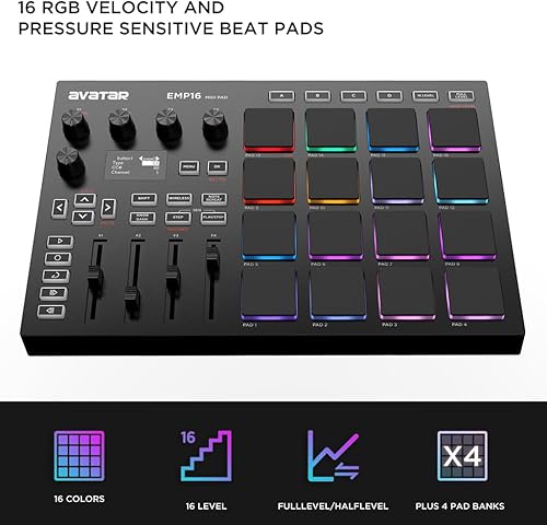Miniatura 3 de HXW EMP16 MIDI Controller Pad portátil Bluetooth Beat Maker máquina, con 16 almohadillas de tambor sensibles a la velocidad RGB, pantalla OLED,
