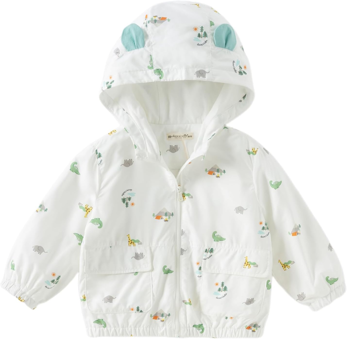 DAVE&BELLA Baby Boys Dinosaur Print Hooded Windbreaker Jacket for Toddler Cartoon Zip Lightweight Outerwear Spring Fall Coat