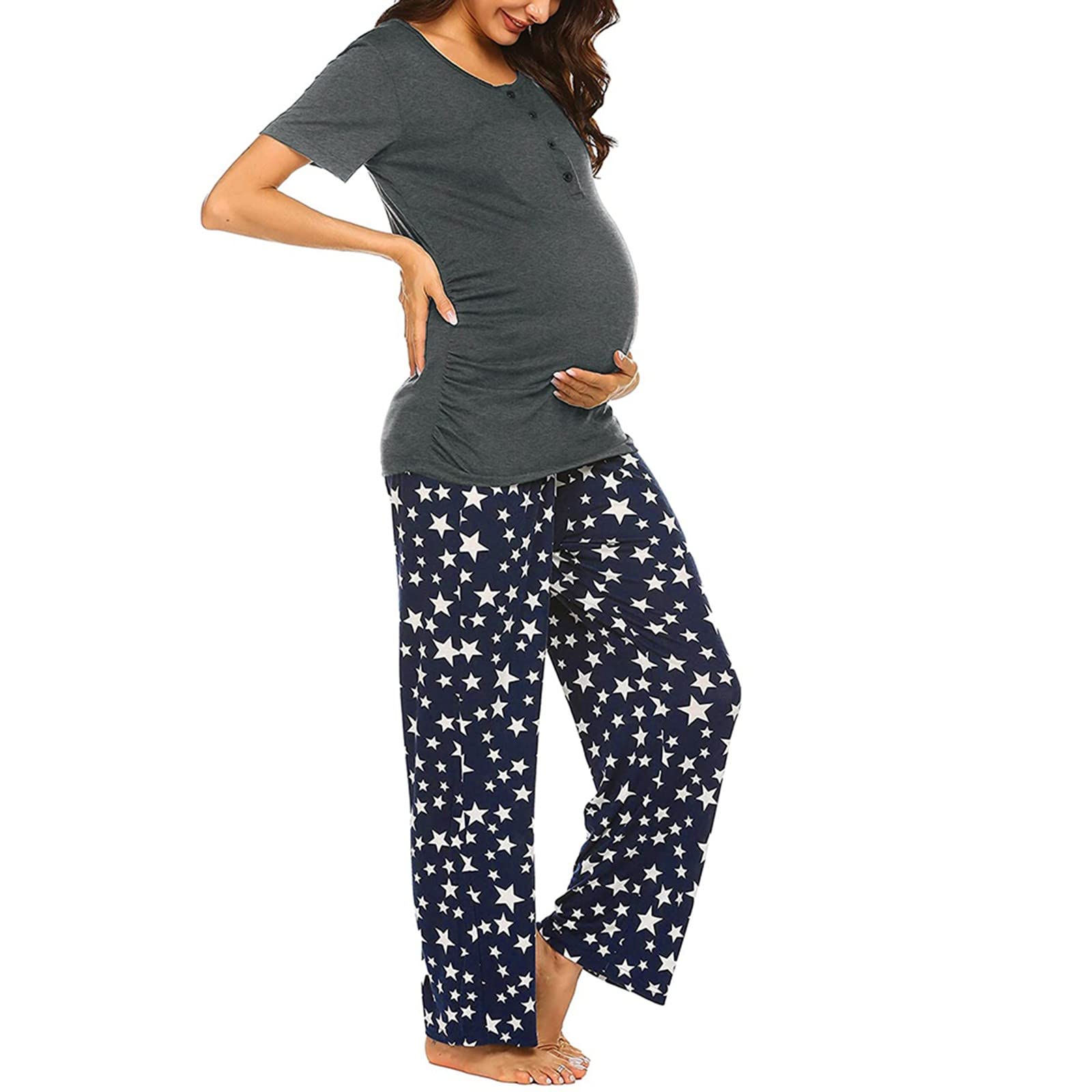 Schwangerschafts-Pyjama-Set, Nachtwäsche, Hose, Baby-Ärmel, T-Shirt, Stillen, Damen, Hemd, Umstandsschlaf, Nachtkleider, Frauen-Schlaf, grau, XL