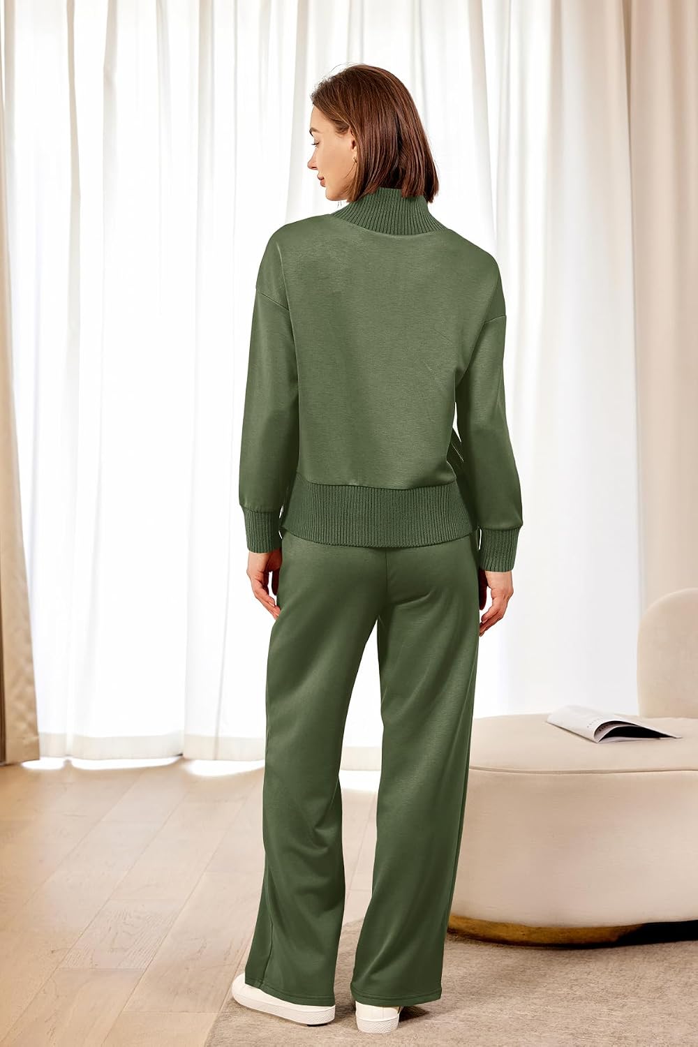 SENSERISE Womens 2 Piece Outfits Fall Matching Lounge Sets Mockneck Sweatshirt Wide Leg Pants Sweat Sets Tracksuit