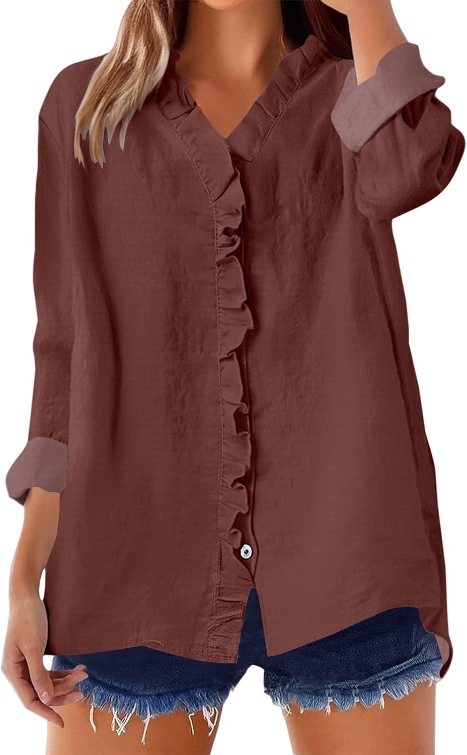 2025 Summer Linen Tops for Women Ruffled Roll Up Long Sleeve Tshirts Workout Button Down Plus Size Cotton Linen Shirt